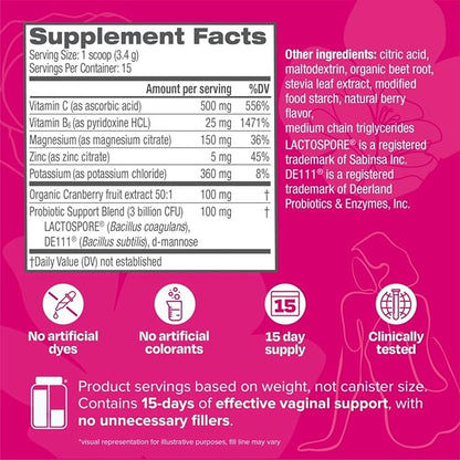 Cystex Vaginal Health Powder - Daily Electrolyte-Enhanced Support for pH Balance, Yeast, & Odor - Hydrating Berry Flavor - 15 Servings