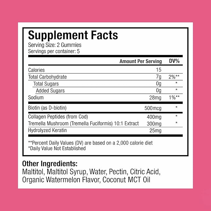 Plant People WonderBeauty Hair, Skin & Nails Rejuvenation Gummies with Tremella Mushroom, Collagen Peptides, Keratin, & Biotin – Watermelon Flavor, 10 Gummies