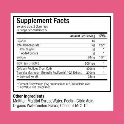 Plant People WonderBeauty Hair, Skin & Nails Rejuvenation Gummies with Tremella Mushroom, Collagen Peptides, Keratin, & Biotin – Watermelon Flavor, 10 Gummies