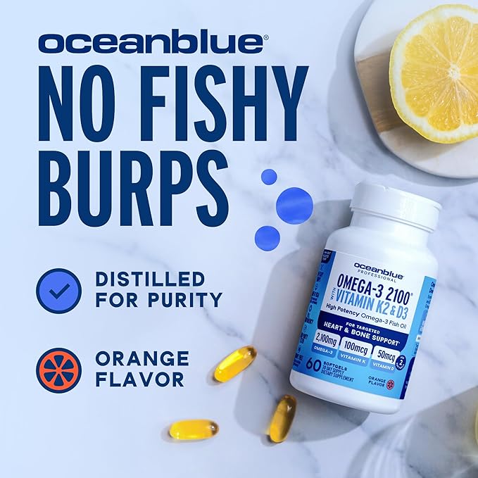 Oceanblue Professional Omega-3 2100 with Vitamin K2 & Vitamin D3 - Triple Strength Burpless Fish Oil Omega-3 Supplement with EPA & DHA - Wild Caught - Orange Flavor - 120 Mini Softgels