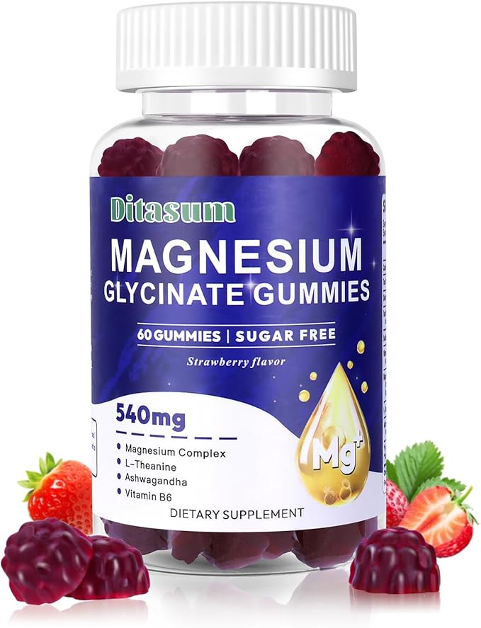 Magnesium Glycinate Gummies with L-Threonate, Vitamin B6, Ashwagandha 540mg per Serving, Sugar Free, Vegan, Relaxation & Nighttime Support, Strawberry Flavor, 60 Gummies