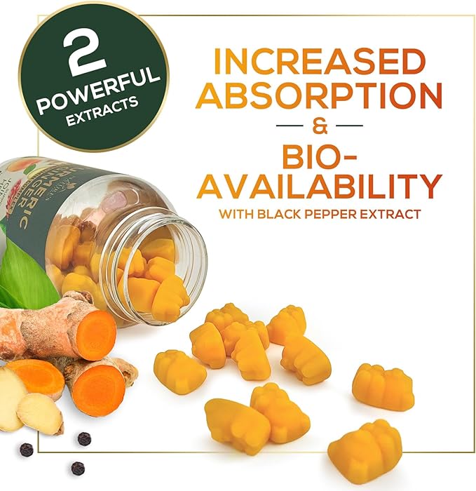 Turmeric Curcumin Supplement Gummies - 95% Curcuminoids with Turmeric & Ginger, Black Pepper for Best Absorption, Nature's Vegan Joint Support, Non-GMO, Gluten Free, Tasty Peach Flavor - 60 Gummies