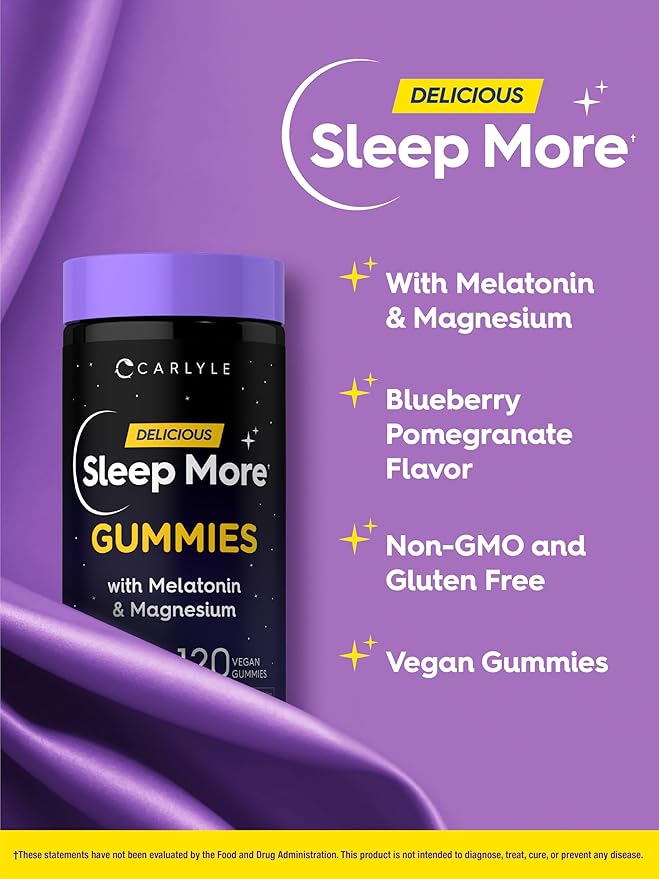 Carlyle Sleep Gummies with Melatonin and Magnesium | 120 Count | Blueberry Pomegranate Flavor | Support Complex with L-Theanine | Vegan, Non-GMO, Gluten Free