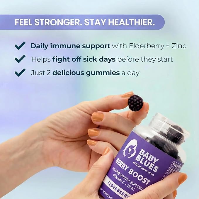 Baby Blues Berry Boost for Moms, Immunity Elderberry Gummies Immune Support Supplement with Vitamin C and Zinc for Adults, Non-GMO Immune System Vitamins Booster Vegan Gluten Free Gummies, 60pcs