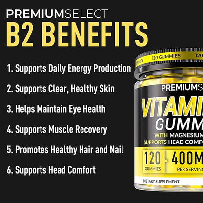 Vitamin B2 Gummies Riboflavin 400mg – 120 Gummies with Magnesium, CoQ10 & Vitamin B2 for Adults – Sugar Free B2 Vitamin 400mg for Energy, Head Comfort & Nervous System Support
