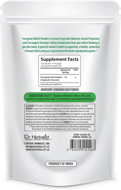 Dr. HERBALIST Fenugreek Powder 7.1 OZ (200g) - 100% Natural & Herbal Supplement - Methi Seeds Powder - Nutritive & Digestive Aid