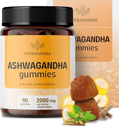 HERBAMAMA Ashwagandha Gummies - 2000mg Pure Ashwagandha Root with Black Pepper for Calm & Mood Support - Vegan, Non-GMO Calming Supplements for Adults - 90 Pectin-Based Banana-Flavored Chews
