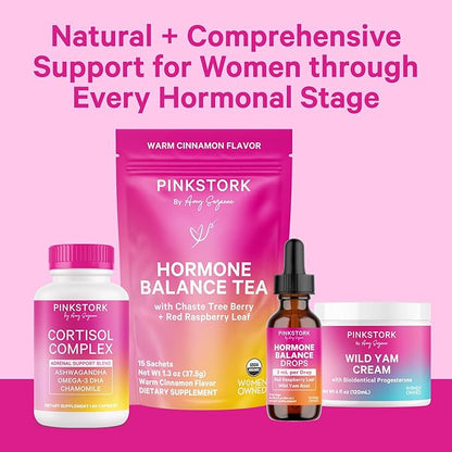 Pink Stork Hormone Balance Drops for Women - Supports Hormonal Health, PMS, Perimenopause & Mood, with Red Raspberry Leaf & Wild Yam - Liquid Supplement - Vegan, 2oz, 30 Servings
