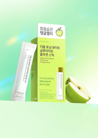 Double Toning White Glutathione Collagen Jelly Stick. Korean Beauty Supplement with Glutathione 98%, Fish Collagen Peptide-1000 mg, Vitamin C & Vitamin E. Green Apple Flavor 14 Sticks.