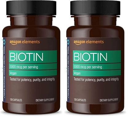 Amazon Elements Vegan Biotin 5000 mcg - Hair, Skin, Nails, 130 Capsules (4 Month Supply) (Packaging May Vary) (Pack of 2)
