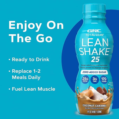 GNC Lean Shake 25 Protein Shake, Clinically Proven Weight Management, Meal Replacement, 25g Protein with Zero Added Sugar, Ready To Drink, Coconut Caramel, Pack of 12