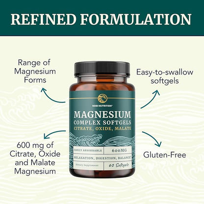Triple Magnesium Softgels | Citrate, Malate, & Oxide | Highly Absorbable Magnesium Supplement for Digestion, Calm, Leg Cramps, & Sleep Support | 300mg Complex | Easy to Swallow Soft Gels | 60 Count