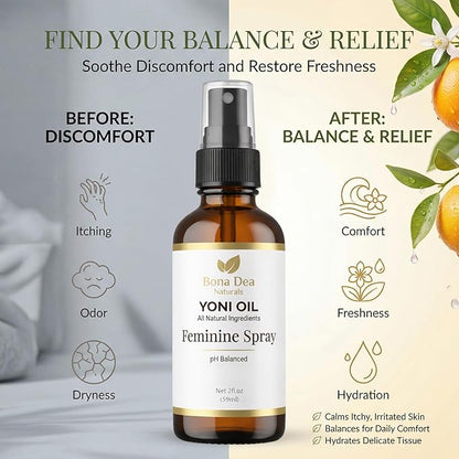 Feminine Spray for Women – All Natural Yoni Oil Deodorant & Moisturizer, Organic Essential Oils, Chemical-Free, Sensitive Vaginal Care | 2 oz Spray