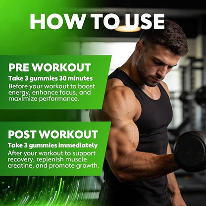 Creatine Monohydrate Gummies for Men & Women - 6205mg per Serving, Containing L-carnitine & Taurine, Post Workout Muscle Recovery, Strength & Energy Boost, Sugar Free & Vegan (60, Green Apple)