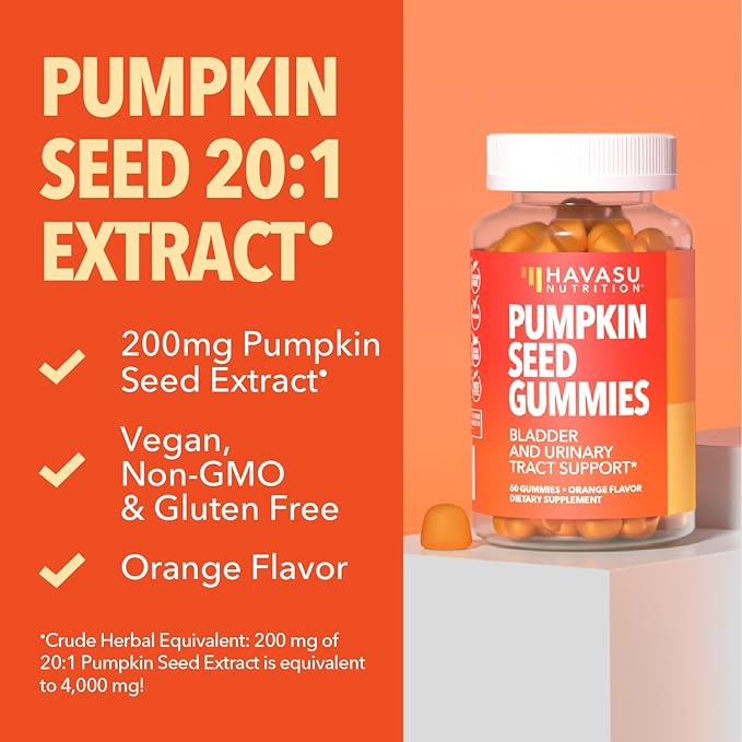 Pumpkin Seed Oil Gummies for Bladder and Urinary Tract Support - 200mg Pumpkin Seed Extract Per Serving - Vegan, Non-GMO, Gluten-Free - Sugar Free Pumpkin Seed Gummies - Orange Flavor, 30 Servings