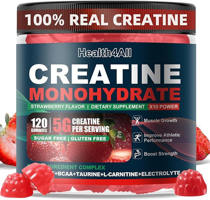 Health4All Creatine Monohydrate Gummies 5g for Men & Women, Creatine Gummy for Strength Energy & Muscle Growth Support Pre-Workout Supplement - Strawberry 120 Gummy