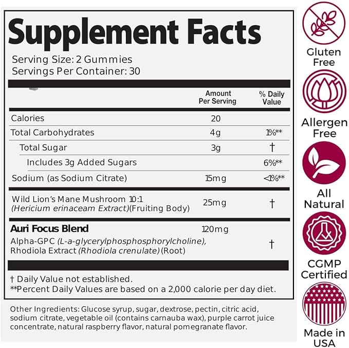 Auri Nutrition Super Mushroom Focus Gummies w/Lion's Mane, Alpha GPC & Rhodiola – Mushroom Supplement to Support Cognitive Function, Mental Clarity, Focus & Energy, 60 Gummies, Vegan Friendly, Non GMO