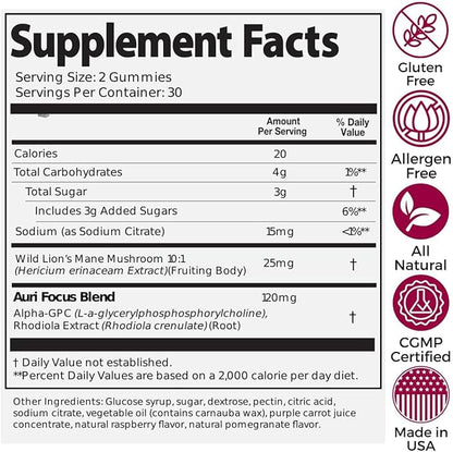 Auri Nutrition Super Mushroom Focus Gummies w/Lion's Mane, Alpha GPC & Rhodiola – Mushroom Supplement to Support Cognitive Function, Mental Clarity, Focus & Energy, 60 Gummies, Vegan Friendly, Non GMO