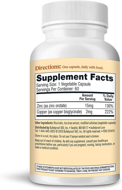Bulletproof Zinc with Copper Capsules, 60 Count, Minerals and Antioxidant Supplement for Immunity and Mood