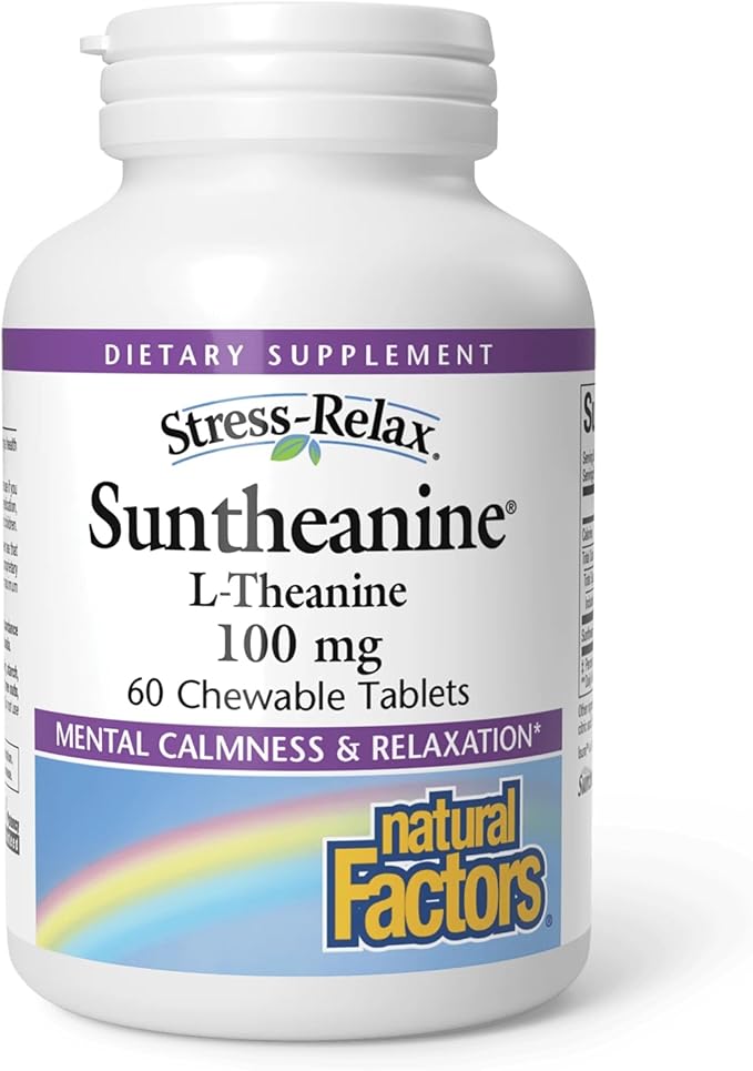 Natural Factors Suntheanine L-Theanine 100 mg - Health Supplement for Calm Outlook - L-Theanine Supplement Supports Relaxing Sleep & Aids Against Drowsiness - 60 Chewable Tablets (30 Servings)