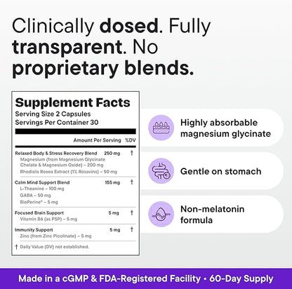 Magnesium Glycinate Sleep Complex – Non-Habit Forming Support with L-Theanine, GABA, Zinc & Rhodiola – Promotes Relaxation, Calm & Muscle Recovery – Non-Melatonin – 100 Capsules