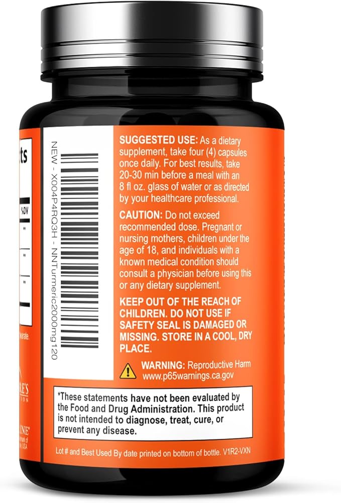 Turmeric Curcumin Supplement - 1800mg Organic Turmeric Per Serving - 95% Curcuminoids & BioPerine Black Pepper Extract for Best Absorption - Natural Vegan Joint Support, Bottled in USA - 120 Capsules