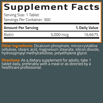 Bronson Biotin 5,000 MCG Supports Healthy Hair, Skin & Nails & Energy Production - High Potency Beauty Support - Non-GMO, 360 Vegetarian Tablets