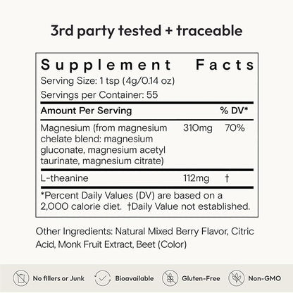 Moon Juice Magnesi-Om Magnesium Powder Supplement - Chelated Magnesium Complex + L-Theanine Blend for Rest, Relaxation & Regularity - Vegan, Non-GMO & No Sugar, Berry, 7.7 oz, 55 Servings