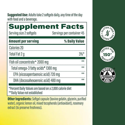 MegaFood 2000mg Fish Oil Omega 3 Supplements - Burp-Less & Lemon Oil Infused - Heart, Brain, Eye, Joint & Immune Support Supplement - 1200mg EPA & DHA Per Serving - 90 Softgels, 45 Servings