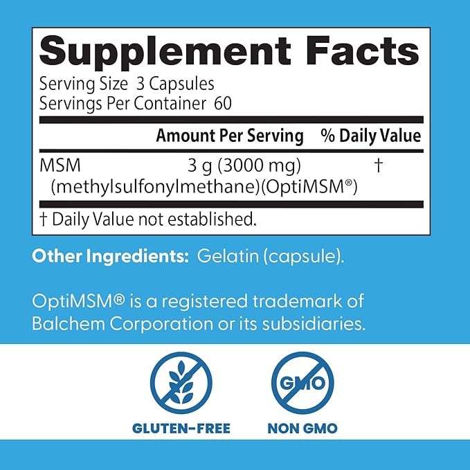 Doctor's Best MSM Supplement Capsules for Men & Women - Supports Hair, Skin, Nails, Joint Health & Mobility, 3000 mg Per Serving, Delivers Beneficial Sulfur w/OptiMSM, Gluten Free, Non GMO - 180 Caps
