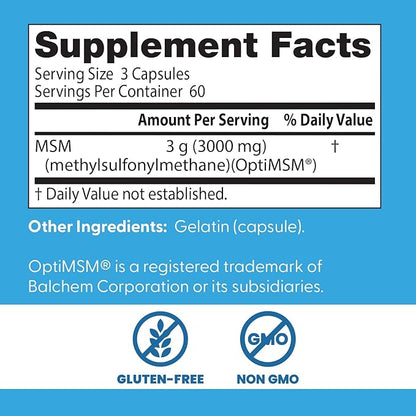 Doctor's Best MSM Supplement Capsules for Men & Women - Supports Hair, Skin, Nails, Joint Health & Mobility, 3000 mg Per Serving, Delivers Beneficial Sulfur w/OptiMSM, Gluten Free, Non GMO - 180 Caps