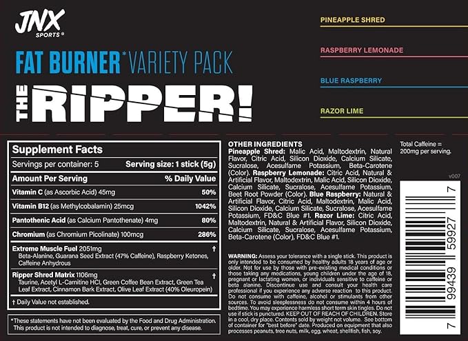 JNX SPORTS The Ripper! Fat Burner for Men & Women – Shredding Thermogenic Fat Burner, Pre-Workout & Appetite Suppressant – Sample Variety Pack 5 x 5g Sticks