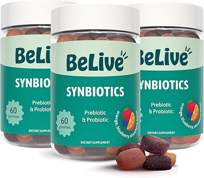 BeLive Synbiotics - Probiotic & Prebiotic Fiber Gummies – High Strength Inulin (3g), Dietary Fiber Supplement, Digestive Support for Kids & Adults - Strawberry, Orange, Blueberry Flavor | 3-Pack