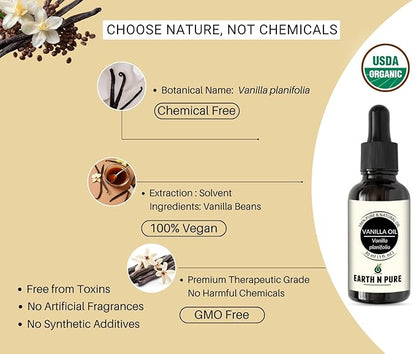 Earth N Pure Vanilla Essential Oil Natural & Therapeutic Grade | for Skin, Face, Hair, Candle, Diffuser and Home Fragrance 15 ML