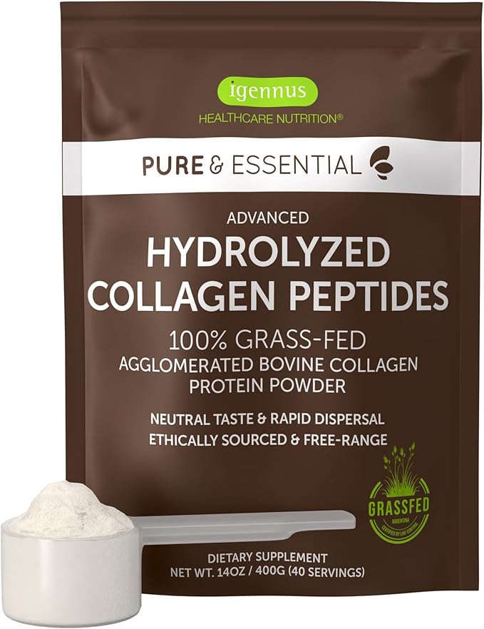 Igennus Free Range Grass Fed Hydrolyzed Bovine Collagen Peptides, Neutral Taste, 100% Highest Grade Bovine Collagen Protein Powder, Types 1, 2 & 3, Clean Label, Non-GMO, Free Range, 40 Servings