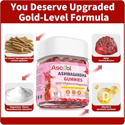 Ashwagandha Gummies for Stress Support & Relaxation with Magnesium + Vitamin D – 90 Count Sugar-Free, Vegan Ashwa Supplements