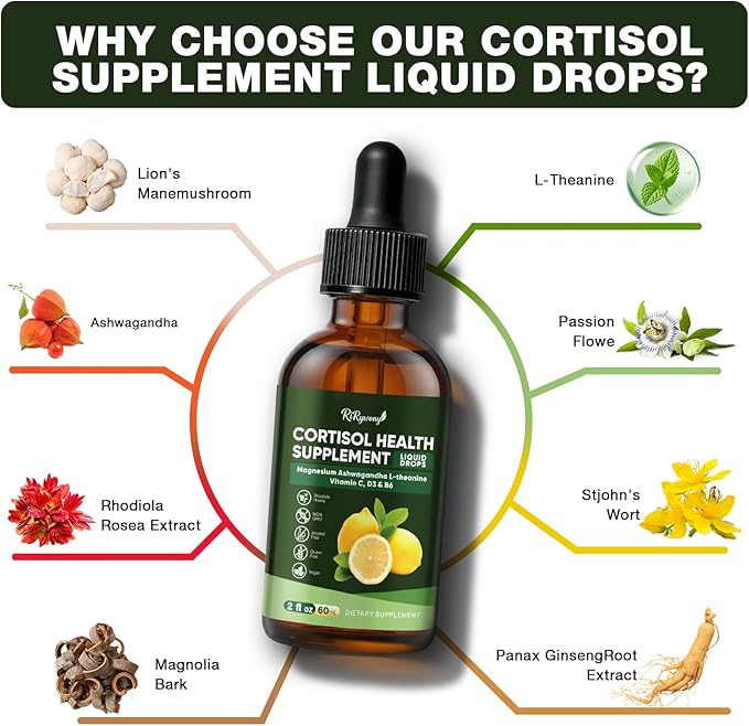 Cortisol Supplements for Women & Men, 15-in-1 Cortisol Detox & Reducer - Adrenal Balance, Relaxation, Sleep & Focus, with Magnesium, Ashwagandha, L-Theanine, Vitamin C, D3 & B6, 2 Fl Oz