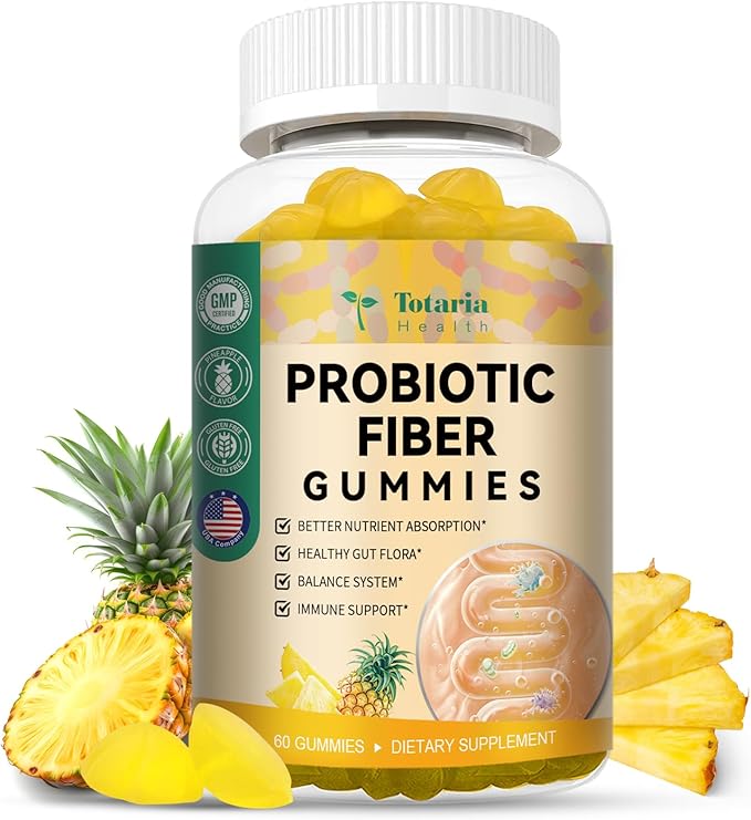 Totaria 9-in-1 Probiotic Fiber Gummies for Adults Teens 16G Fiber per Serving, Psyllium Fiber Supplement with 5 Billion CFU Bacillus Coagulans, Inulin, ACV for Digestion Gut Immunity - 60 Gummies