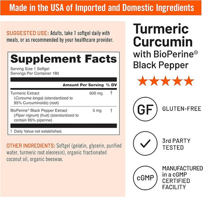 NatureWise Turmeric Curcumin 500mg with Black Pepper Softgels - Extra Strength, Enhanced Absorption - 95% Curcuminoids & BioPerine for Immune Support - Gluten-Free, Non-GMO - 180 Count[6-Month Supply]