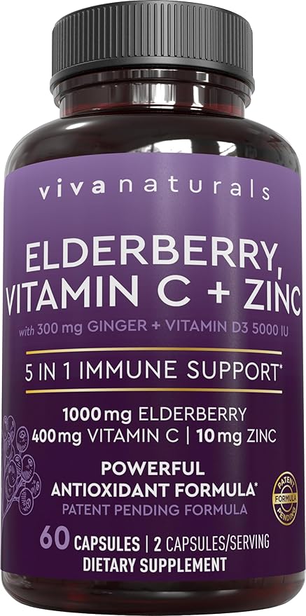 Viva Naturals Black Elderberry 1000mg with Vitamin C, D3 5000 IU & Zinc - 5-in-1 Immune Support Supplement for Adults, Sambucus Elderberry Capsules with Ginger for Men and Women, (60 Capsules)