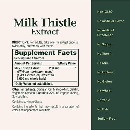 Nature's Bounty Milk Thistle 1000mg, Herbal Health Supplement, Daily Supplement, Gluten Free, Rapid Release Softgels, 50 Ct