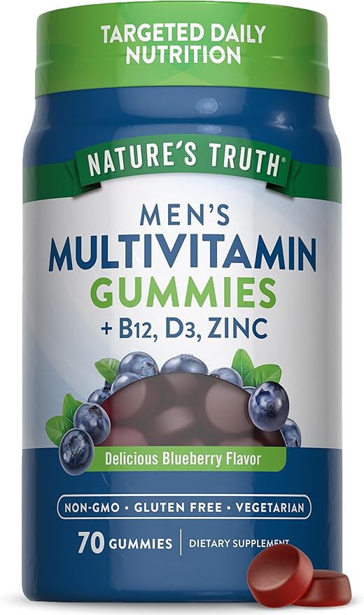 Nature's Truth Multivitamin for Men Gummies | 70 Count | Blueberry Flavor | with B12, D3 & Zinc | Vegetarian, Non-GMO and Gluten Free Supplement