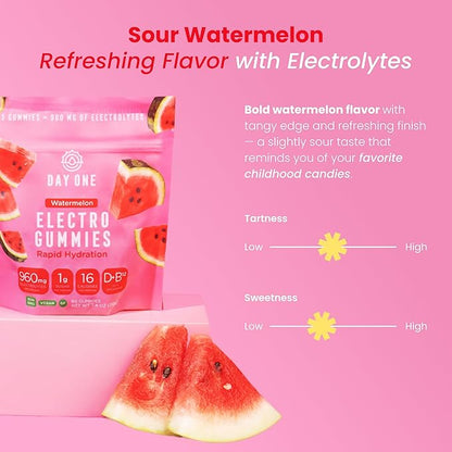Day One ElectroGummies – Electrolyte Hydration Gummies – Ideal to Boost Hydration & Energy – Running, Workout – Sour Watermelon Flavored – 60 Gummies