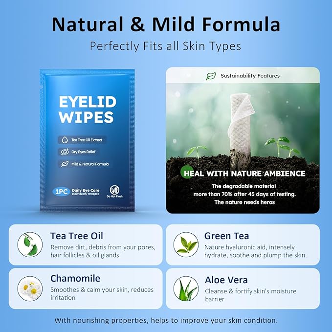 60PCs Eyelid & Lash Wipes with Hyaluronic Acid, Tea Tree Oil Eye Cleaser For Blepharitis, Itchy & Stye Eyes, Pre-Moistened Eyelid Wipes for Dry Eyes Relief, Daily Care Cleanser for Sensitive Eye