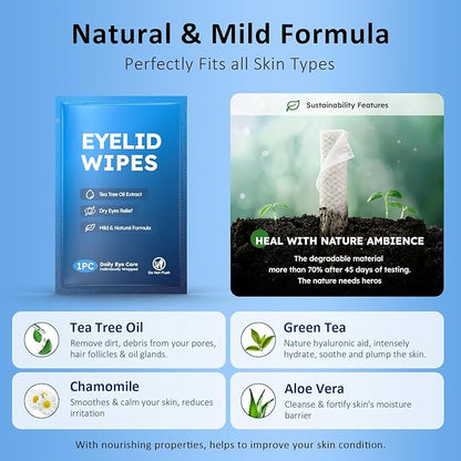 60PCs Eyelid & Lash Wipes with Hyaluronic Acid, Tea Tree Oil Eye Cleaser For Blepharitis, Itchy & Stye Eyes, Pre-Moistened Eyelid Wipes for Dry Eyes Relief, Daily Care Cleanser for Sensitive Eye