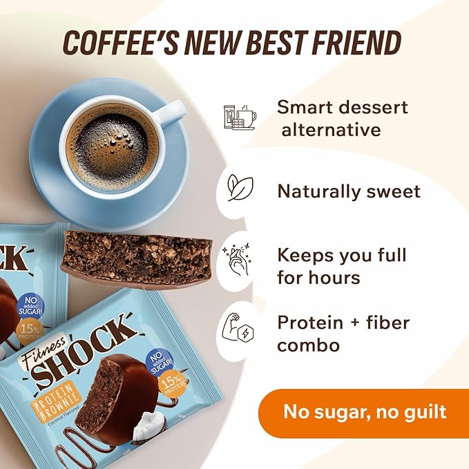 Fitness SHOCK Coconut Protein Brownie - No Added Sugar, 7.5g Protein, Low Carb Guilt-Free Dessert - 0g Added Sugar, 10g Net Carbs, 5g Fiber, Non-GMO, Almond Flour - 10 x 50g