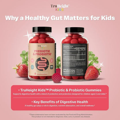TruHeight Kids Prebiotic & Probiotic Gummies Ages 2+ (Strawberry Flavor) Toddlers & Kids All Natural Gut Health, Digestive Enzymes, Stomache Ache, Constipation Relief Supplement - Pediatric Vitamins