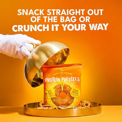 CRISP POWER Protein Pretzels, NEW Cheddar, 25G Protein, High Protein Snack, High Fiber, Low Carb Crunchy Pretzel Snacks, No Added Sugar, 1.75 oz Bags, 6 Pack, Vegan, Keto