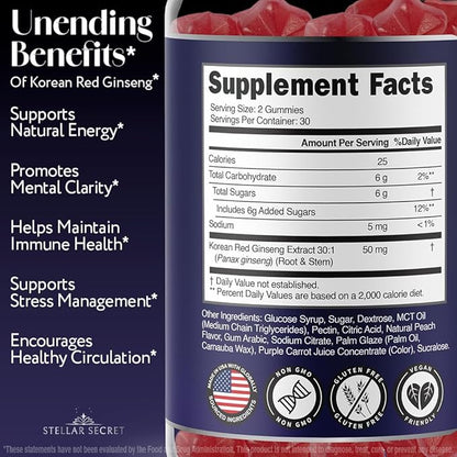 Korean Red Ginseng 1500mg Gummies - Ginseng Supplement for Energy, Immune System Support, Panax Ginseng for Memory Function, Blood Circulation, Peach Flavor, 60 Count