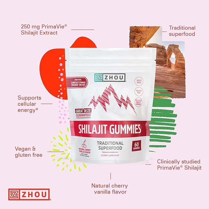 ZHOU Shilajit Gummies - Pure Himalayan Shilajit for Men and Women with Natural Resin Extract, 250 mg Per Serving, Clinically Studied, Gluten Free Formula - Cherry Vanilla Flavor, 60 Chews
